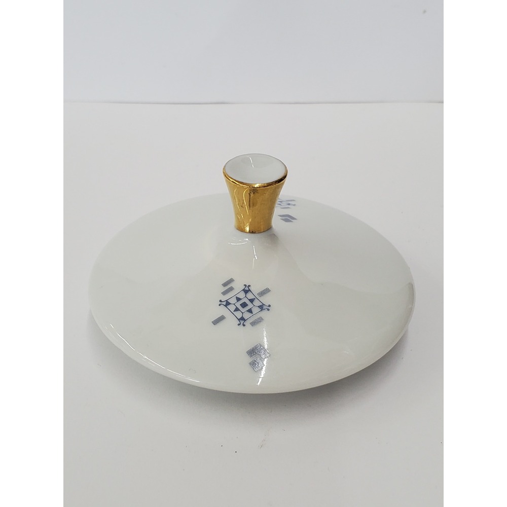 Vintage White Ceramic Replacement Lid Blue Silver Geometric Gold Finial 3.25in